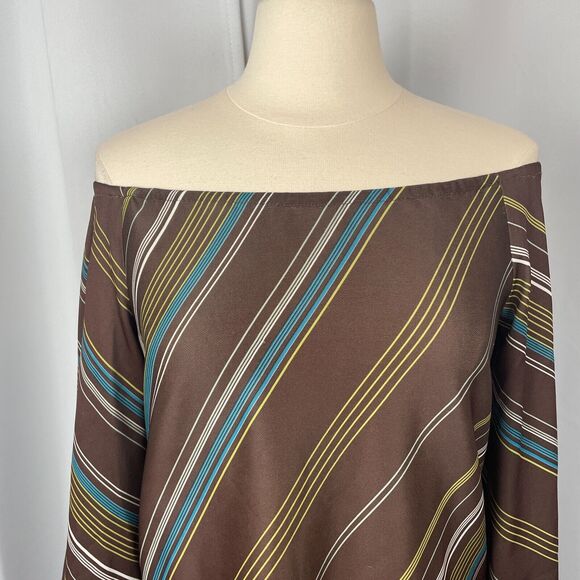 Vintage Boho Dress Size Medium Floral Brown Blue Off Shoulder 70s Retro Hippie - Picture 3 of 16